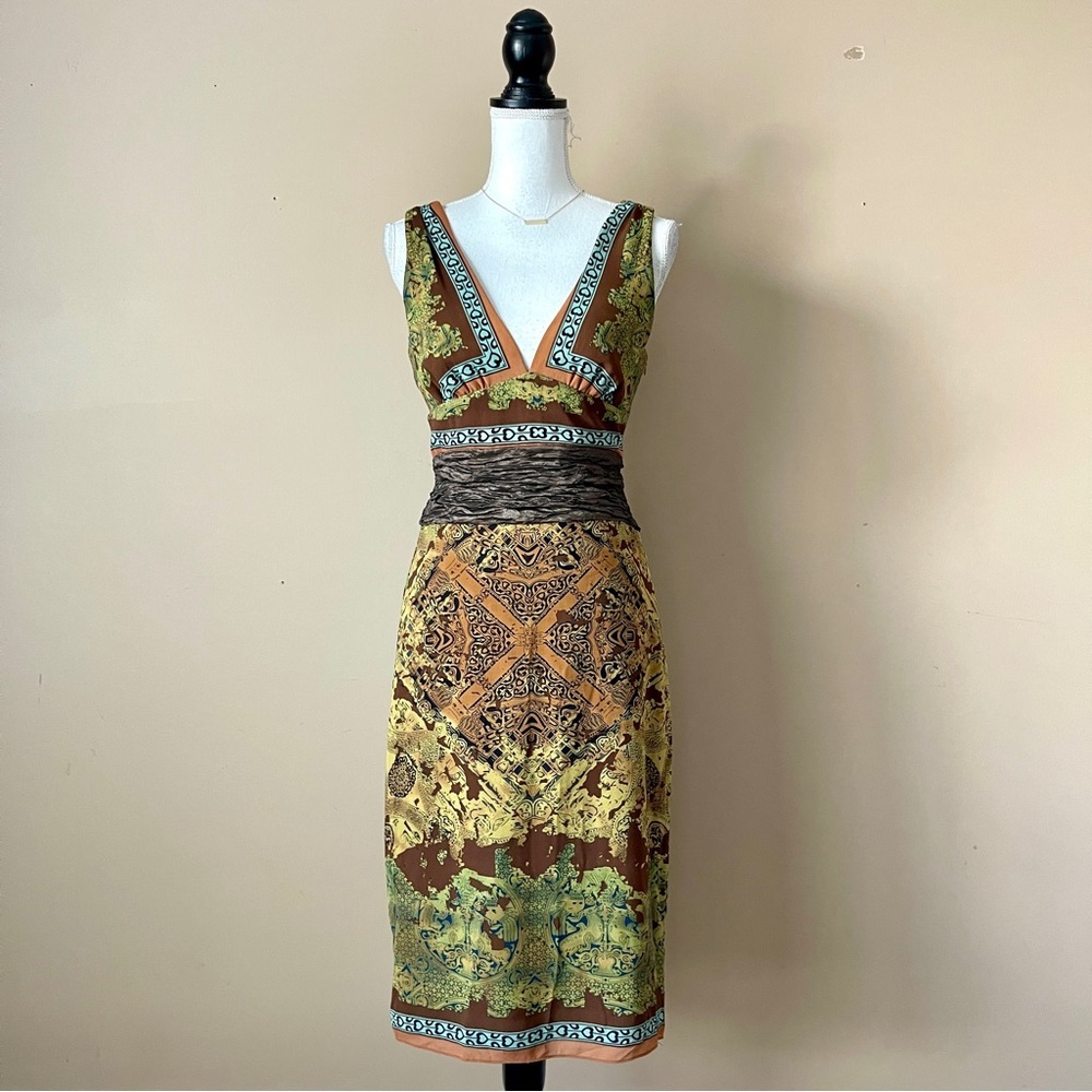 NICOLE MILLER | 100% Silk Patterned Deep V-neck Midi Cocktail Dress Sz 4 - Picture 2 of 9